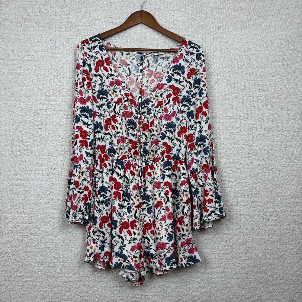 American Eagle Outfitters Romper M Ivory Floral Women V-Neck Bell Sleeve